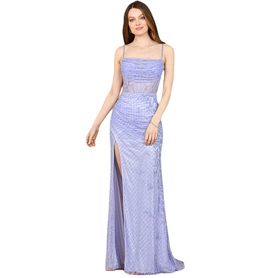 Lara Women's 9923 - Beaded Corset Gown with Slit