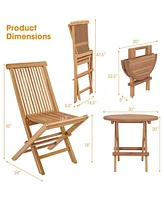 3PCS Patio Bistro Set Round Table Teak Wood Folding Chair Slatted Tabletop Seat
