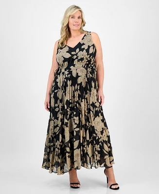 Taylor Plus Printed Tie-Waist Pleated Maxi Dress