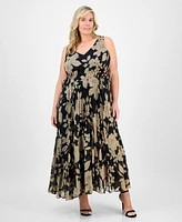 Taylor Plus Printed Tie-Waist Pleated Maxi Dress