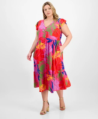 Sandra Darren Plus Printed Flutter-Sleeve Midi Dress