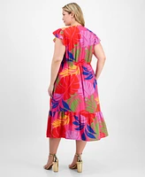 Sandra Darren Plus Printed Flutter-Sleeve Midi Dress