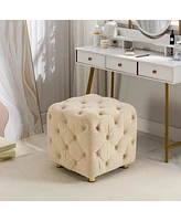 Velvet Upholstered Cube Ottoman with Tufted Design Hidden Storage and Gold Legs Multi Functional Footstool or Accent Seat for Living Room Bedroom-T