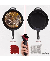 Cuisinel Cast Iron Scrubber Cleaning Brush + Stainless Steel Chainmail + Pan Scraper - Skillet, Grill Cleaner Kit