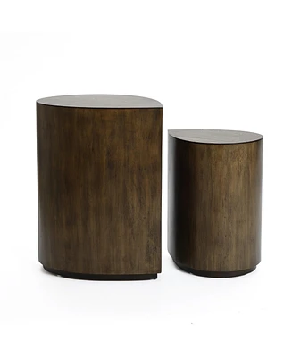 LuxenHome 2-Piece Teardrop Drum Wood Side Tables Set in Walnut Finish