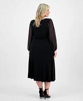 Connected Plus Shirred-Waist Sheer-Sleeve Midi Dress