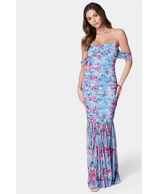 Bebe Women's Off Shoulder Ruched Mesh Gown