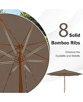 Gymax 10FT Wooden Market Table Umbrella Pulley Sunshade Canopy w/8 Bamboo Ribs