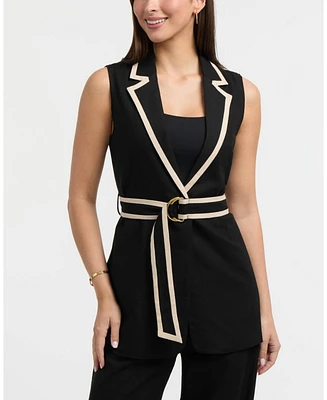 Ellen Tracy Women's Sleeveless Belted Vest with Contrast Detailing
