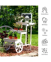 3-Tiered Flower Cart Display Stand with Wheels - Flower Display Stand or Planter - Wooden Cart with Chalkboard - White