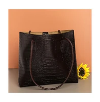 Women's Black Textured Leather Tote Bag Set