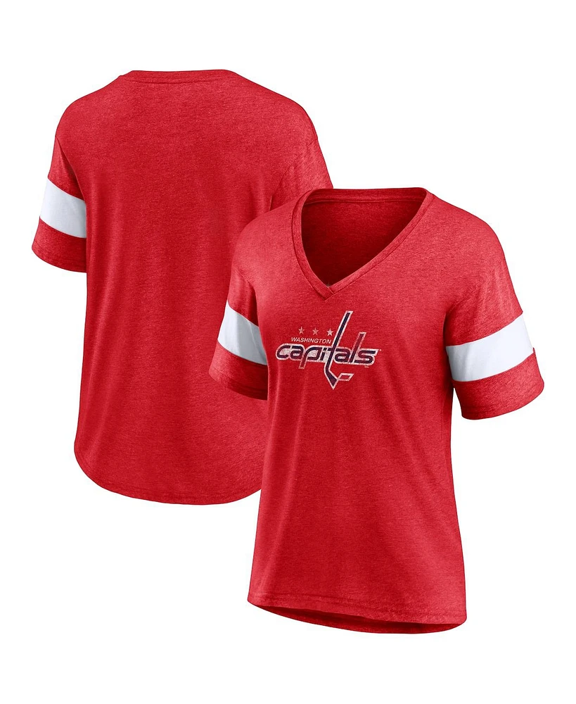 Fanatics Women's Heather Red Washington Capitals Distressed Tri-Blend V-Neck Half-Sleeve T-Shirt