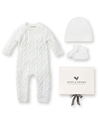 Hope & Henry Baby 4 Piece Cable Knit Sweater Romper, Hat, Bootie Boxed Gift Set