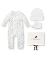 Hope & Henry Baby 4 Piece Cable Knit Sweater Romper, Hat, Bootie Boxed Gift Set