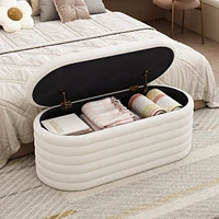 Upholstered Oval Storage Ottoman Bench with Safety Hinge Multi Use End of Bed Stool Footrest Coffee Table Shoe Seat for Bedroom Living Room Entryway-T