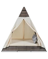 90.5" Length Outdoor Sunbed With Colorful Pillows, Wicker Patio Daybed With Cushions, Tent Shape, Brown and Beige