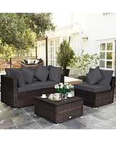 Gymax 4PCS Rattan Patio Conversation Furniture Set Yard Outdoor w/ Grey Cushion