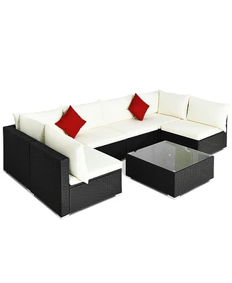 Gymax 7PCS Rattan Patio Conversation Sectional Furniture Set w/ Cushion Pillow