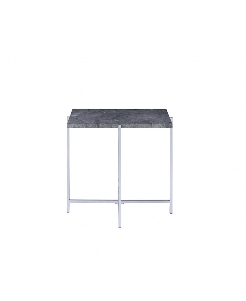 Industrial Style Faux Marble Rectangular End Table with Wood and Metal Frame