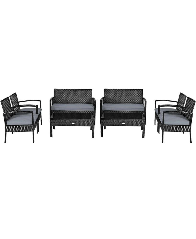 Gymax 8PCS Patio Wicker Rattan Conversation Set Outdoor Furniture Set w/ Cushion