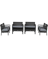 Gymax 8PCS Patio Wicker Rattan Conversation Set Outdoor Furniture Set w/ Cushion