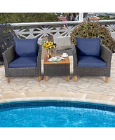Gymax 3PCS Patio Furniture Set Conversation Bistro Set w/ Acacia Wood & Cushions Navy