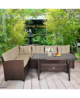 Gymax 3PCS Rattan Dining Sofa Set w/6 Cushioned Seats Patio Furniture