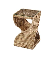 Square End Table with Rattan Swirl Design and Glass Top for Indoor Spaces