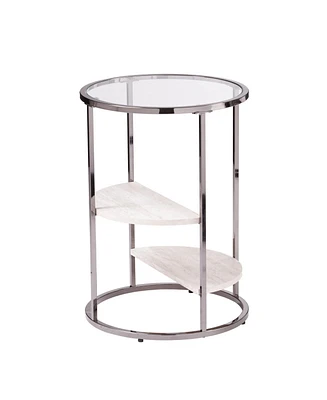 24" Black Metal Glass And Faux Marble Round End Table With Two Shelves
