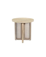 22-Inch Round End Table Natural Solid Wood Top with Rattan Base for Farmhouse Decor