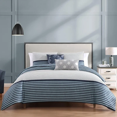 Bebejan Blue Geo Lines Bedding 100% Cotton Sateen 5 Piece King Size Reversible Comforter Set