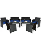 Gymax 8PCS Rattan Outdoor Conversation Set Patio Furniture Set w/ Navy Cushions