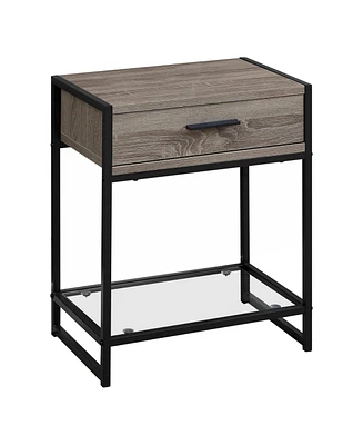 Contemporary End Table with Glass Top, Metal Frame, Drawer & Shelf
