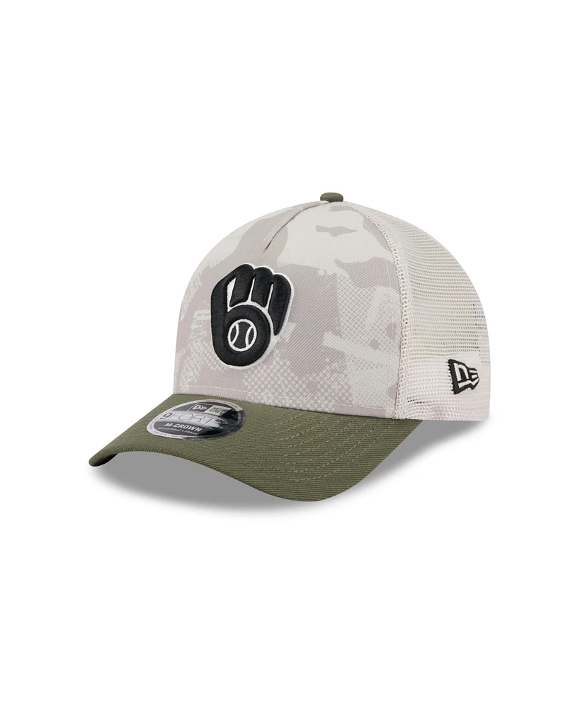 New Era Men's Light Beige/Olive Milwaukee Brewers 2025 Armed Forces Day 9FORTY M-Crown A-Frame Adjustable Hat