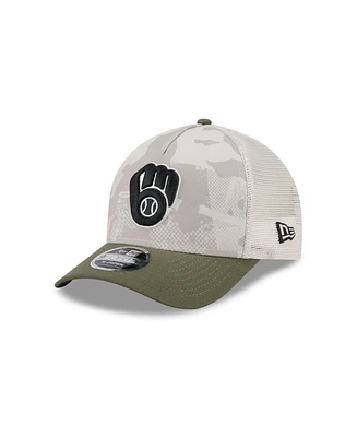 New Era Men's Light Beige/Olive Milwaukee Brewers 2025 Armed Forces Day 9FORTY M-Crown A-Frame Adjustable Hat