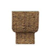 Square End Table with Glass Top and Rattan Wicker Base for Indoor Use