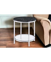 Contemporary Faux Marble and Metal Round End Table with Storage Shelf