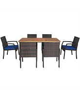 Gymax 7PCS Patio Dining Furniture Set Yard w/ Wooden Tabletop Navy Cushions