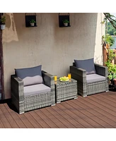 3 Pcs Patio Rattan Furniture Bistro Set Cushioned Sofa Chair Glass Table Garden