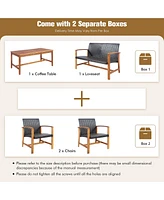 4PCS Outdoor Patio Rattan Furniture Set Acacia Wood Frame Sofa Loveseat Garden