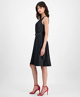 Tahari Asl Women's Belted Denim Sleeveless Fit & Flare Dress