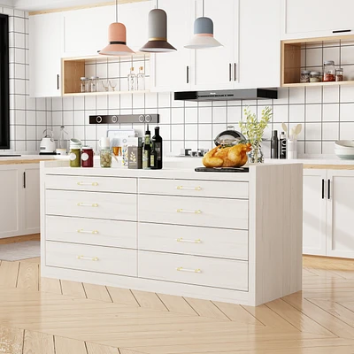 Kitchen island with 8 drawers, kitchen island storage table, coffee station and microwave rack for home, dining room, white, wood