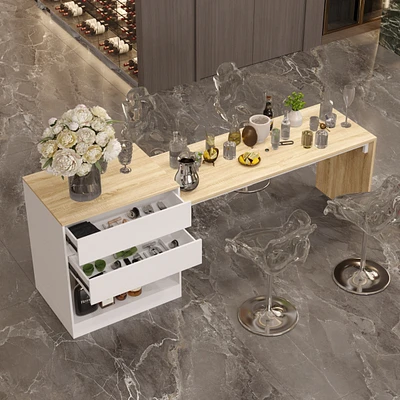 Kitchen island with 2 drawers, kitchen island storage table with dining table, coffee station and microwave rack for home, dining room, wood grain col