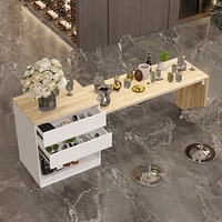 Kitchen island with 2 drawers, kitchen island storage table with dining table, coffee station and microwave rack for home, dining room, wood grain col