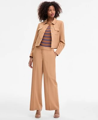 Tahari Asl Womens Cropped Jacket Striped Short Sleeve Sweater Wide Leg Pants