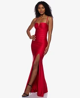 B Darlin Juniors' Notch-Neck Ruched Slit-Front Gown