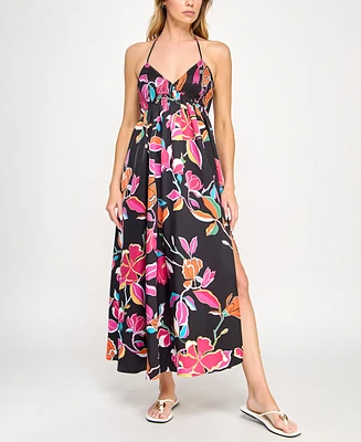 Invitee Juniors' Printed Smocked-Bodice Slit-Front Dress