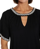 Belldini Women's Crochet Trim Short Sleeve Knit Top