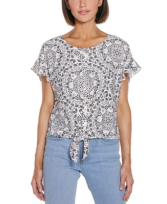 Belldini Women's Printed Eyelet Tie Front Knit Top