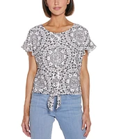 Belldini Women's Printed Eyelet Tie Front Knit Top